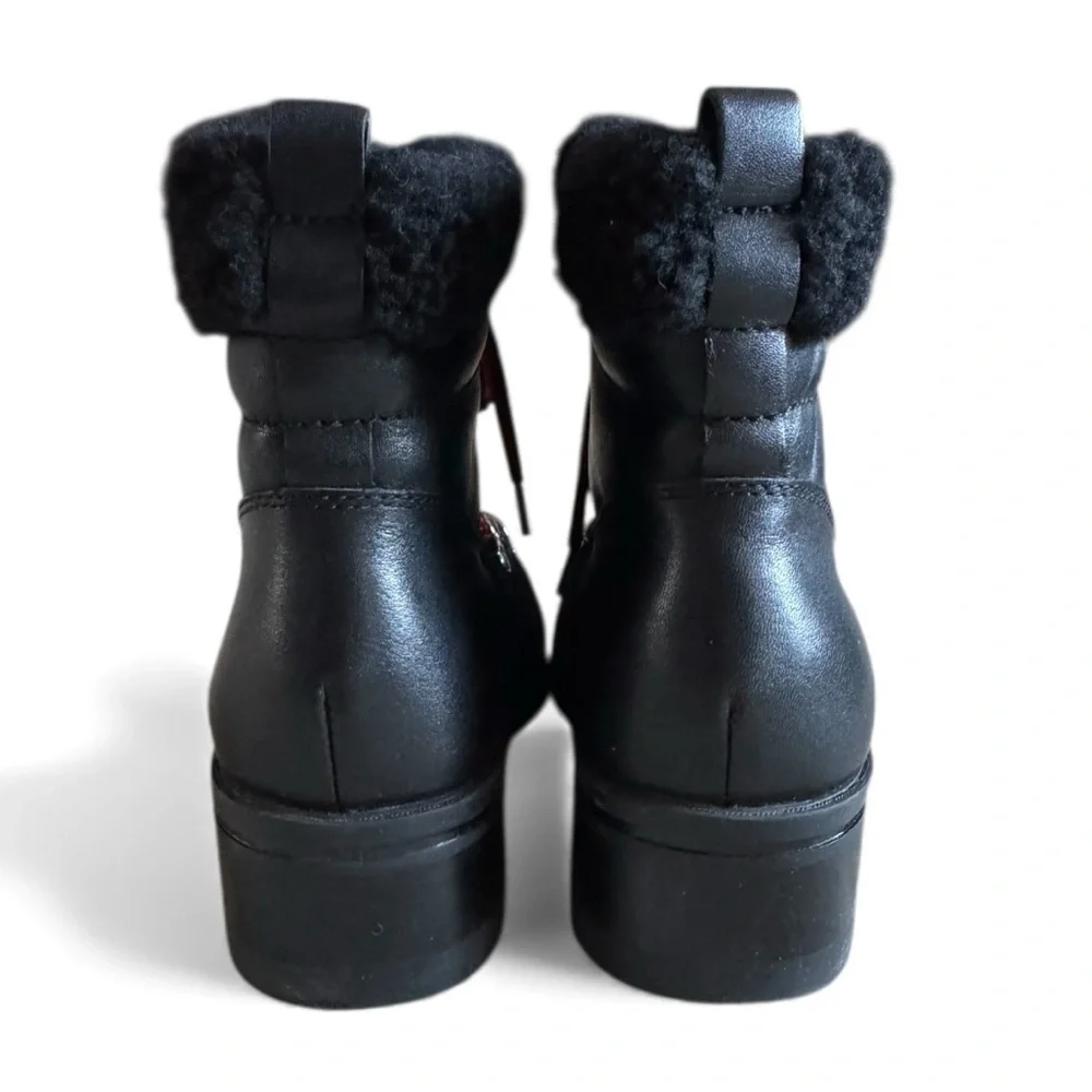 Marc Fisher Suede Faux Fur Fall Winter Boots Lace-Up Lug Sole Black Red Size 5.5